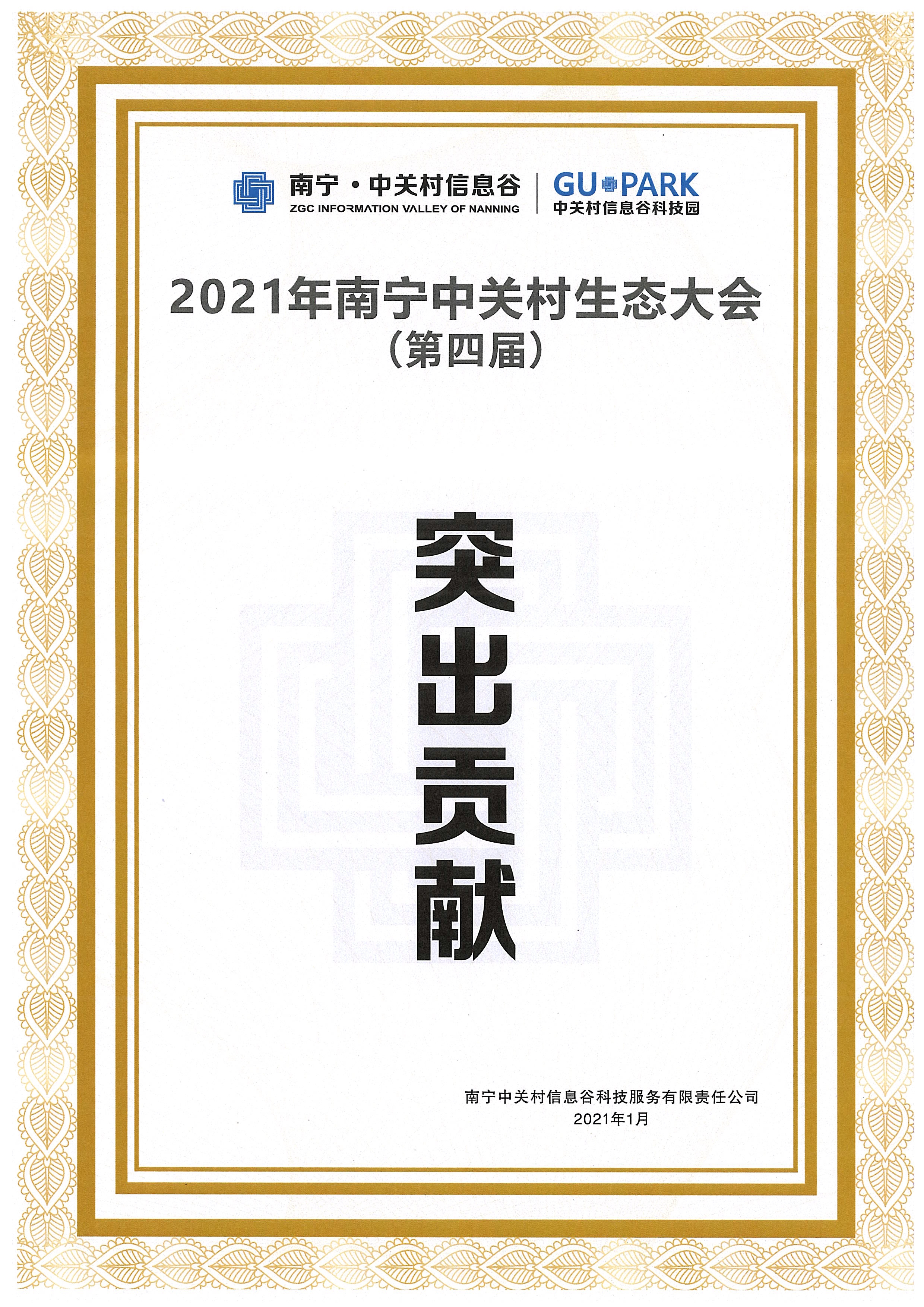 南宁中关村生态大会“突出贡献”奖